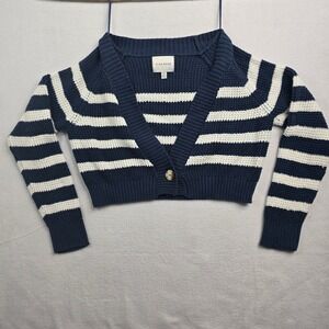 Pink Rose Navy White Striped Cropped V Neck Button Up Cardigan Sweater Women's M